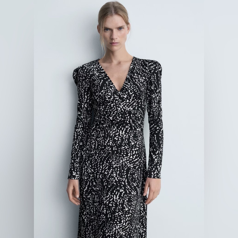 Mango Black printed dress with balloon sleeves NWT